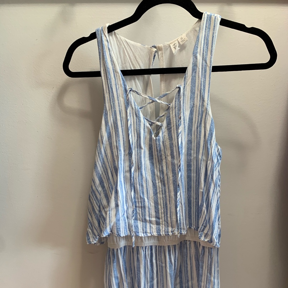 Blue & white striped romper with scalloped bottom